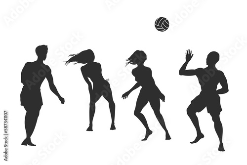 Beach volleyball silhouette. Young people play on sand. Outdoor summer game. Isolated sport activity scene