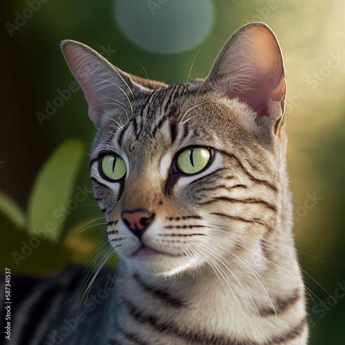 Ravishing hyper realistic portrait of happy egyptian mau cat in natural outdoor lush with flower in background as concept of modern domestic pet by Generative AI. photo