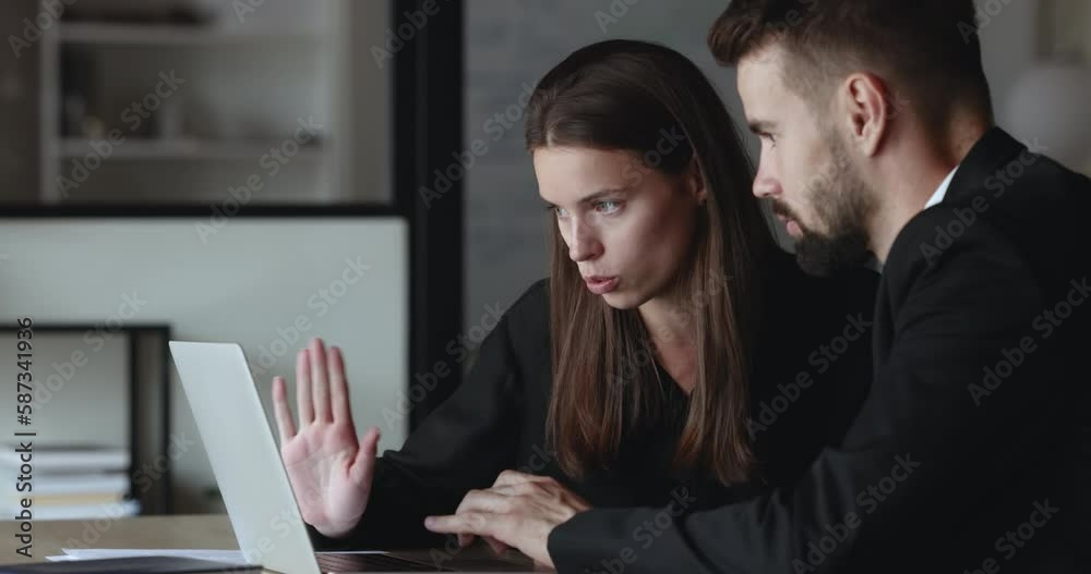 Close up attractive female employee tell about new task, explain corporate software, teach apprentice, sit at desk using laptop. Manager showing to client presentation, convince buy company services Close up attractive female employee tell about new task, explain corporate software, teach apprentice, sit at desk using laptop. Manager showing to client presentation, convince buy company services