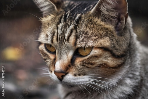 Close up of a contemplative domestic cat. Generative AI © AkuAku