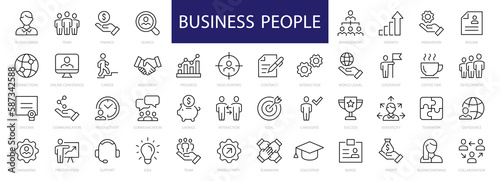 Business People & Teamwork thin line icons. Business people editable stroke icon. Businessman, Businesswoman, Management, Teamwork, Headhunting symbols. Vector illustration
