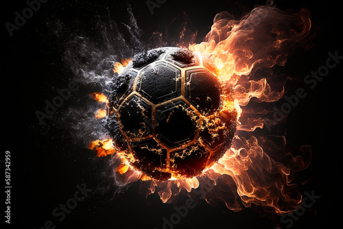 A soccer ball frying in the air, with a blazing trail of fire in the background, high flight speed and smoke on a black background. Generative AI