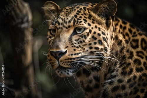 Persian leopard  Panthera pardus saxicolor  in a portrait perched on a branch. Generative AI