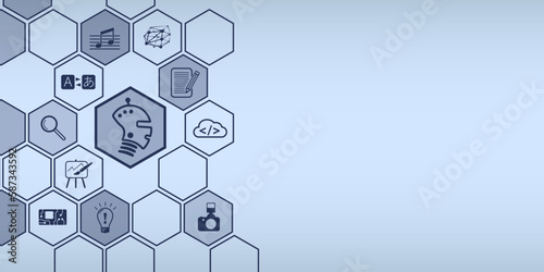Grafik für den Einsatz von KI - Künstliche Intelligenz – mit Platz für Text. Helle Icons im Vektorformat in einem Netzwerk aus Waben in Blau.