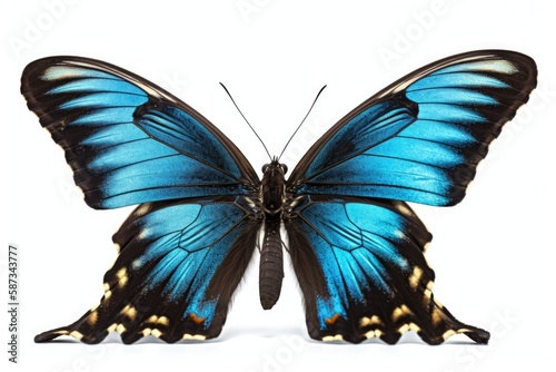 Blue butterfly, Papilio Ulysses, isolated on white background. Generative AI