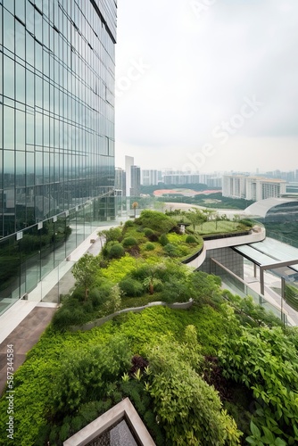 Generative AI illustration of Gorgeous garden on the rooftop of a contemporary glass office building in Asia