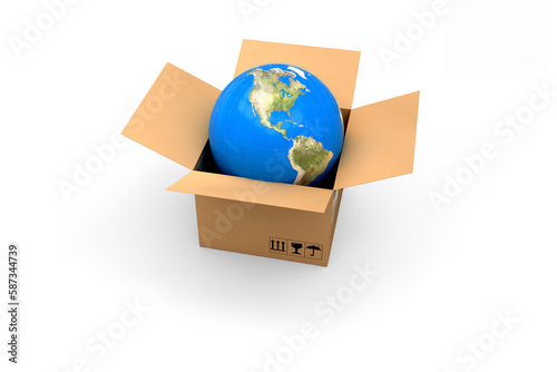 Digital composite image of globe in cardboard box