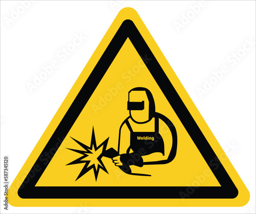 Welding area, warning sign, welding protection device