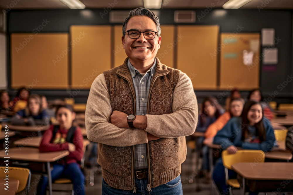 Fototapeta premium A man stands in a classroom with his arms crossed in front of him. AI generated.