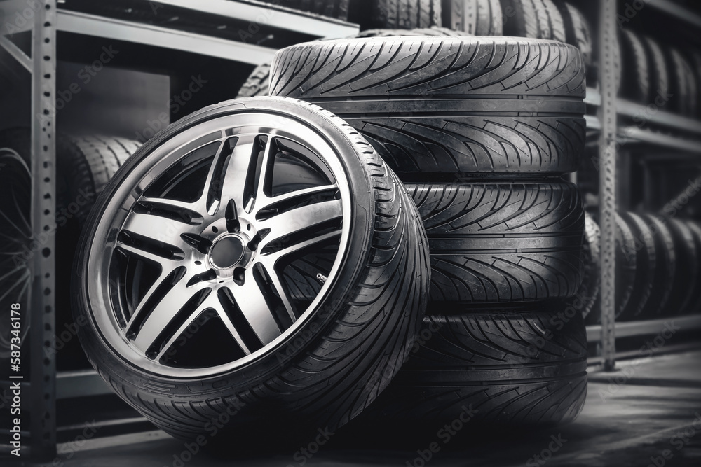 A set of summer wheels in a tire warehouse, against the background of ...