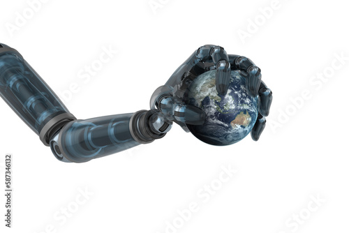 Digital image of black robot hand holding planet