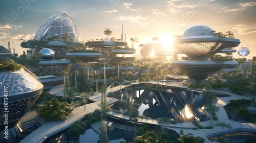 Step into a new world with a vision of sustainable living that blends cutting-edge technology and green energy! Created using generative AI.