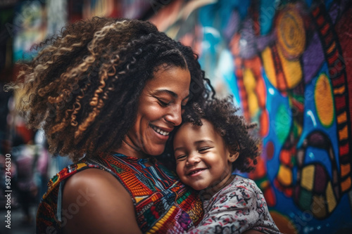 A woman and her child are hugging in front of a colorful wall. AI generated.