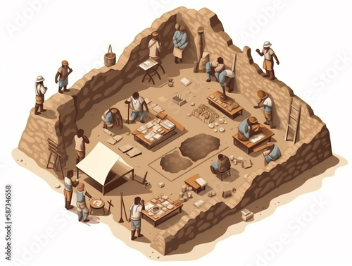 3D isometric illustration of several archaeologists carrying out excavation work at an archaeological site. Various other activities such as sample analysis and planning are also being done there. 