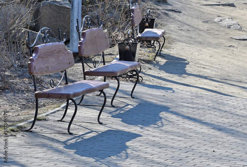 Empty park benches on a spring day