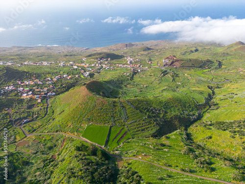 Aerial View at Green Volcanic Hills near Villa de Valverde at El Hierro Island. Canary Island, Spain.