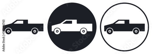 Pickup icon black and white silhouette on dark and light circle background. Abstract open wagon truck sketch, flat style. Vector sign or button for web design, transport service logo.