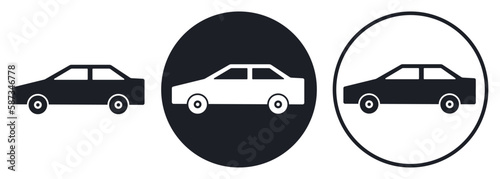 Car with sedan body, black and white silhouette icon on dark and light circle background. Abstract passenger auto sketch, flat style. Vector sign or button for web design, transport service logo.