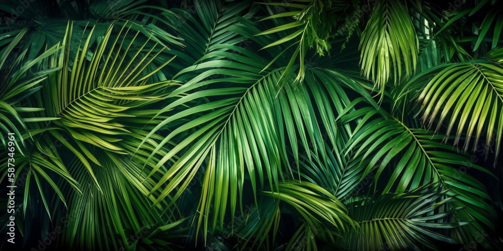 Tropische Blätter Hintergrund. Grüne Palmenblätter, Natur Hintergrund mit AI erstellt