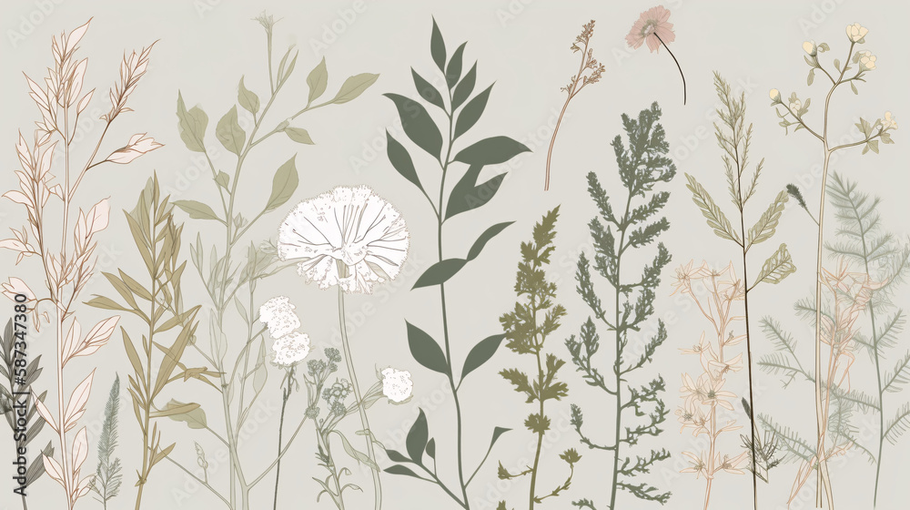 Naklejka premium illustration of botanical plant leaves and flowers wallpaper great for post cards generative ai