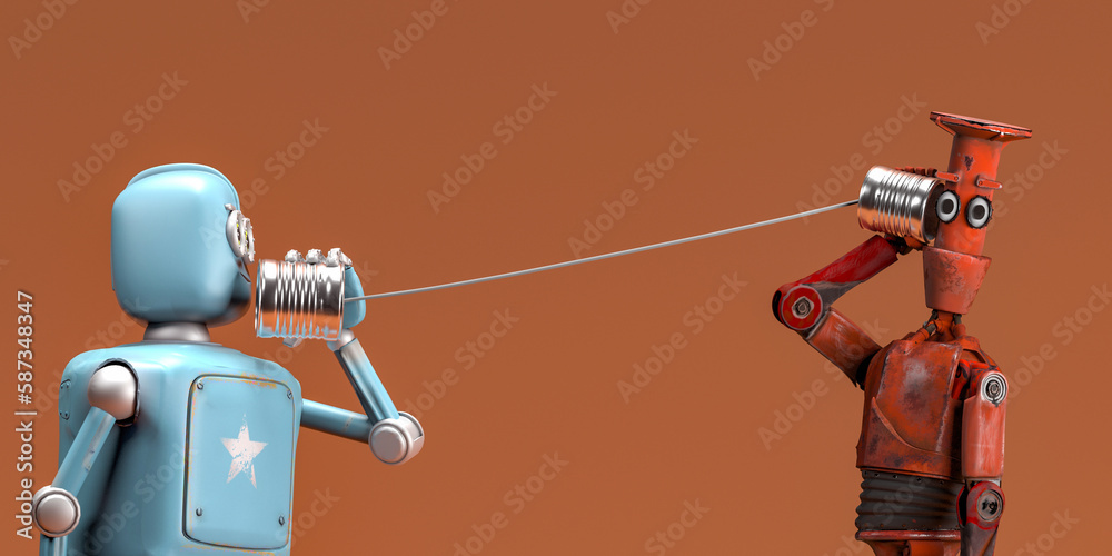 Retro two robots talking on tin can phones. 3d render Stock Illustration |  Adobe Stock