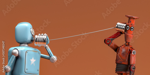 Retro two robots talking on tin can phones. 3d render