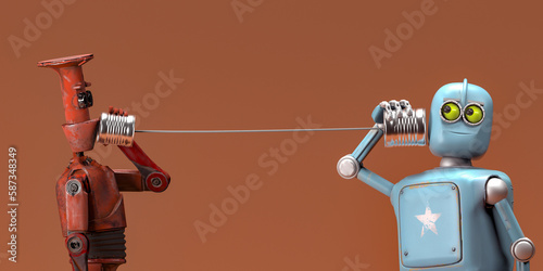 Retro two robots talking on tin can phones. 3d render photo