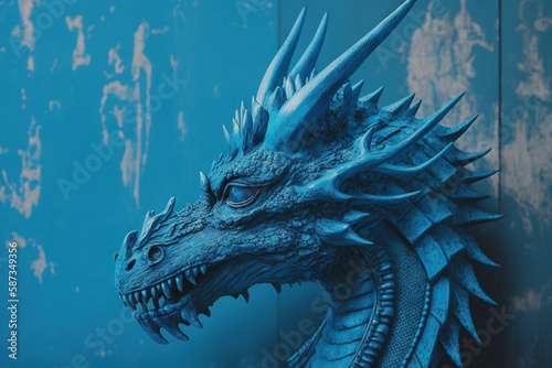 Stunning blue dragon perched on rustic wooden background. Generative AI. © Anna