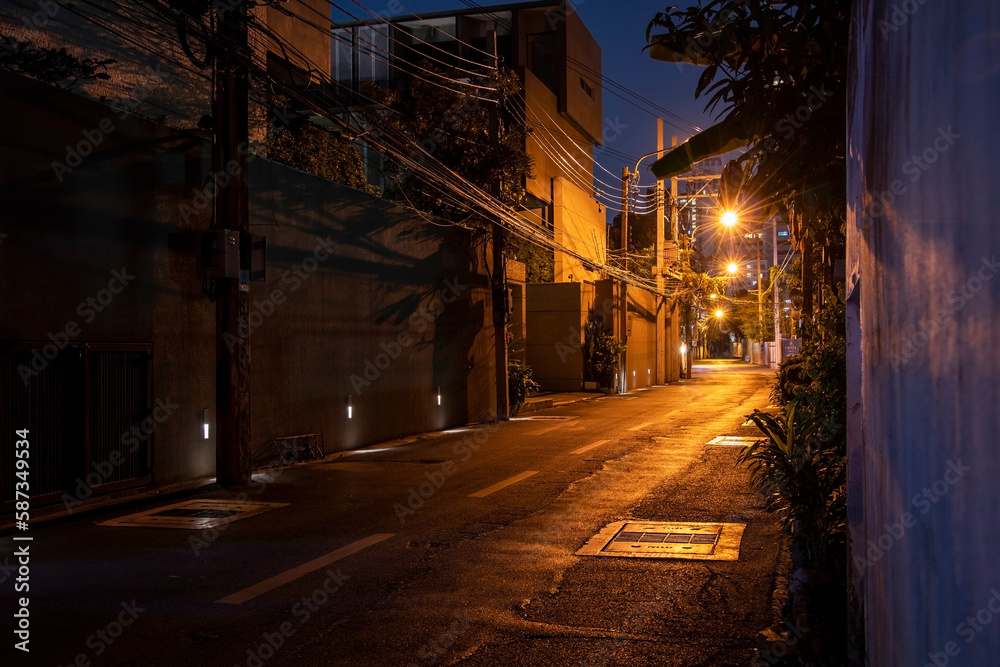 empty night alley with street lighting lanterns