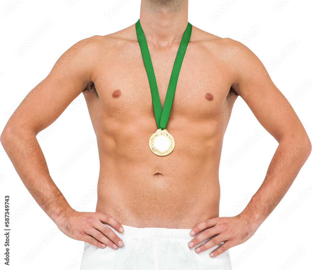 Naklejka premium Athlete posing with gold medal on white background