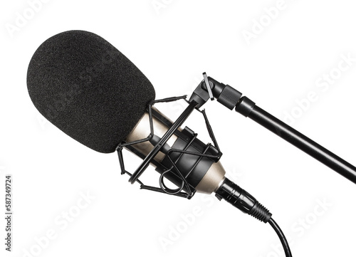 Large diaphragm studio condenser microphone on a stand. Object on a transparent background.