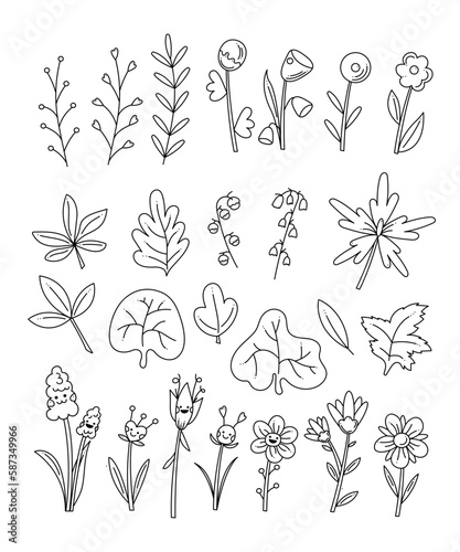 Big cute set with abstract flowers and flower characters. Doodle hand draw outline vector illustration.