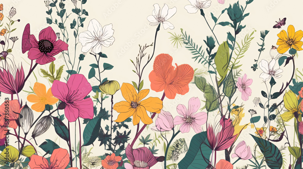 Meadow Mosaic: Beautiful Spring Blossoms in a Botanical Landscape generative ai