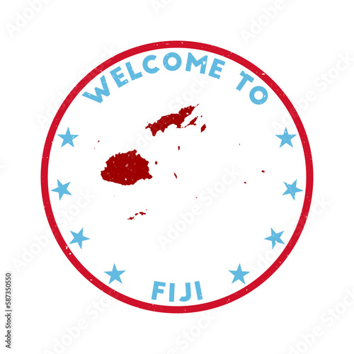 Welcome to Fiji stamp. Grunge country round stamp with texture in Malibu color theme. Vintage style geometric Fiji seal. Captivating vector illustration.