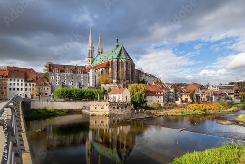 Gorlitz, Germany. Wide angle view on Neisse river Peterskirche church