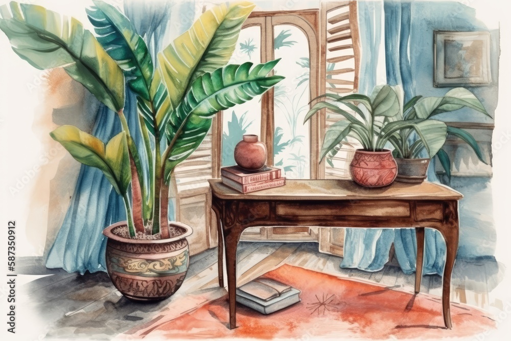 Fototapeta premium cozy living room with a table and potted plants. Generative AI
