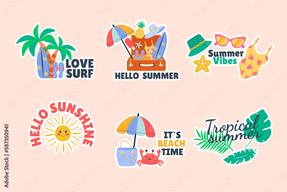 Summer set of doodle badge label design with lettering