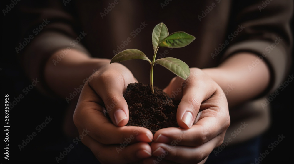 person holding a small plant in their hands. Generative AI. person holding a small plant in their hands. Generative AI.