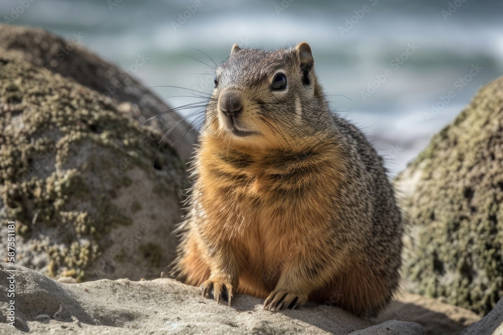An enormous California Ground Squirrel in Monterey, California, resting on a rock along the shore. Generative AI An enormous California Ground Squirrel in Monterey, California, resting on a rock along the shore. Generative AI