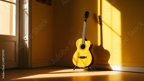 Acoustic guitar in a yellow wall room, generative AI