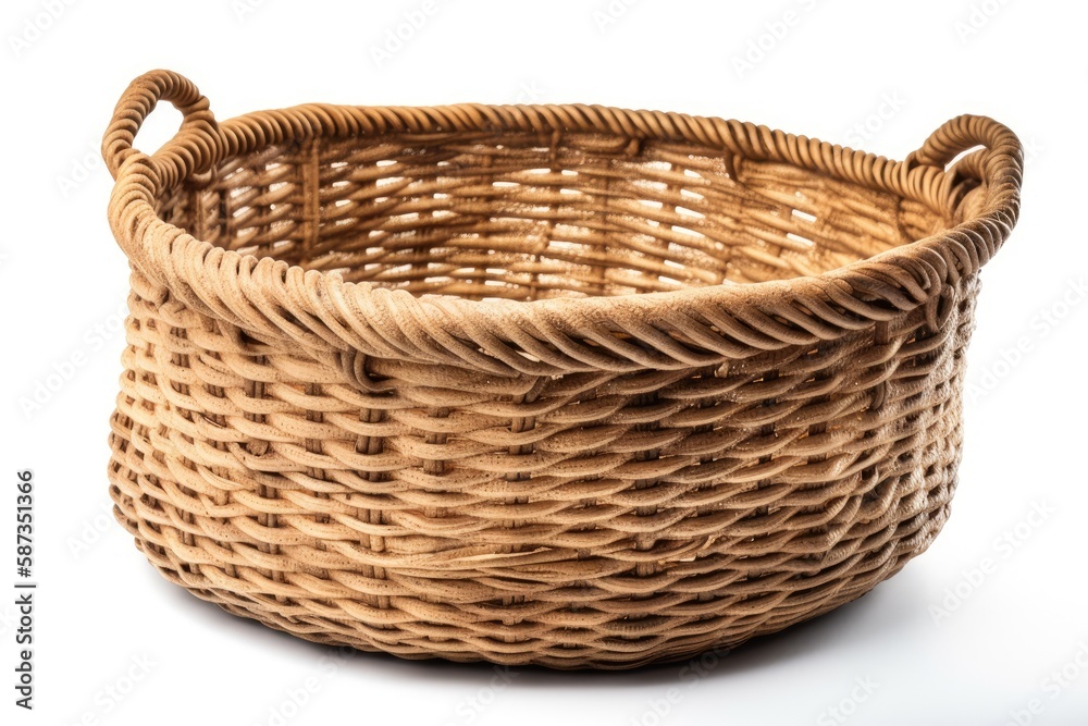 Woven washing basket isolated on white. Modern bohemian eco design interior details. Generative AI