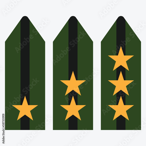 Military ranks shoulder badges, army soldier chevron straps, vector. Military rank heraldic grade badges and soldier uniform signs with golden stars and buttons