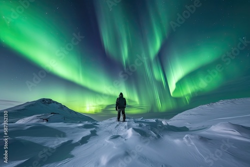 A lone explorer with the norther lights aurora - made with Generative Ai