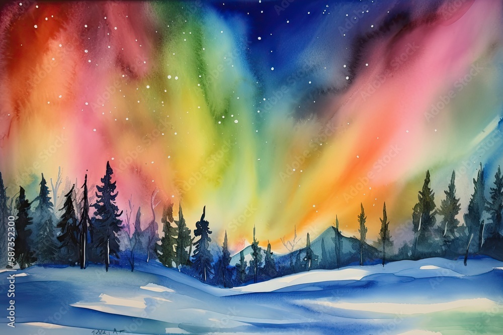 Colorful Snow Landscape with northern lights - made with Generative Ai