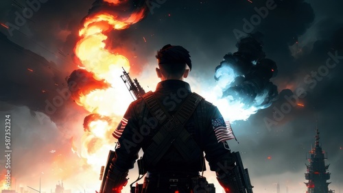 An American soldier in war scenario background. Generative ai