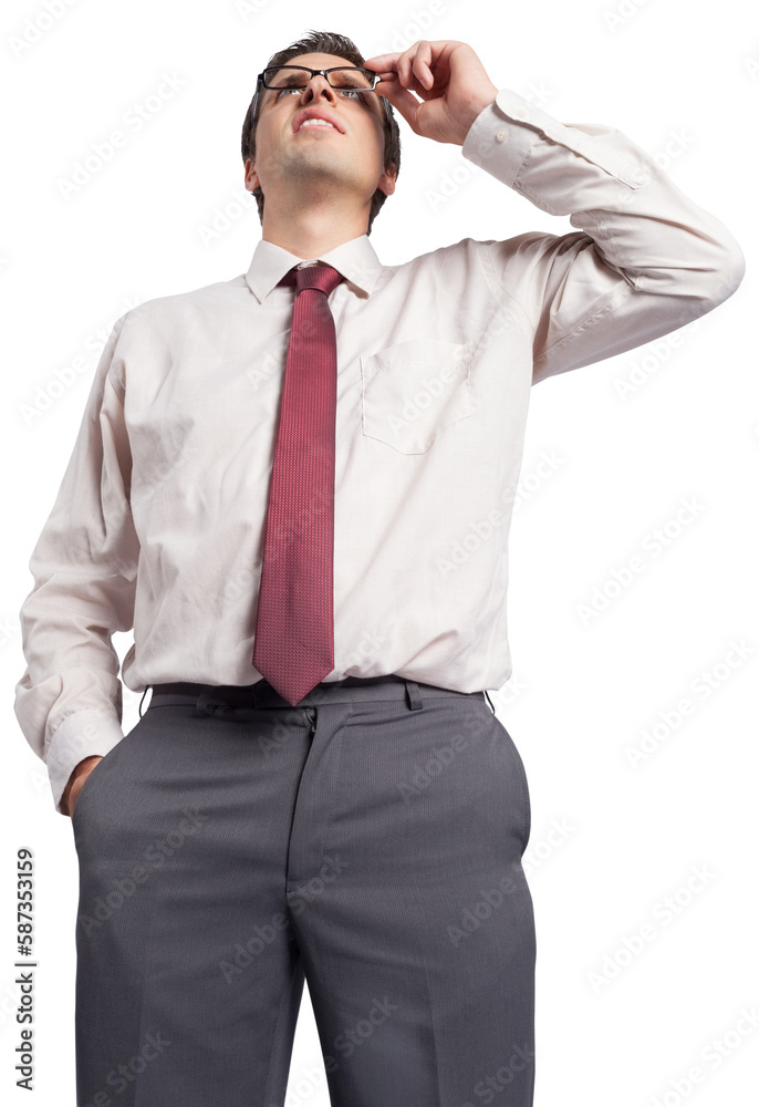 Thinking businessman touching his glasses Thinking businessman touching his glasses