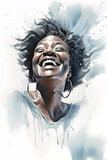 Natural beauty happy and smiling middle aged African American woman, splashes of water, refreshing feeeling, watercolor illustration (Generative AI)