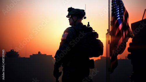 An American soldier with an American flag in his hand looks out into the clear weather for Day of Remembrance or July 4, Day of Remembrance. Generative ai