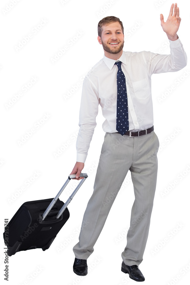 Handsome businessman with suitcase waving Handsome businessman with suitcase waving