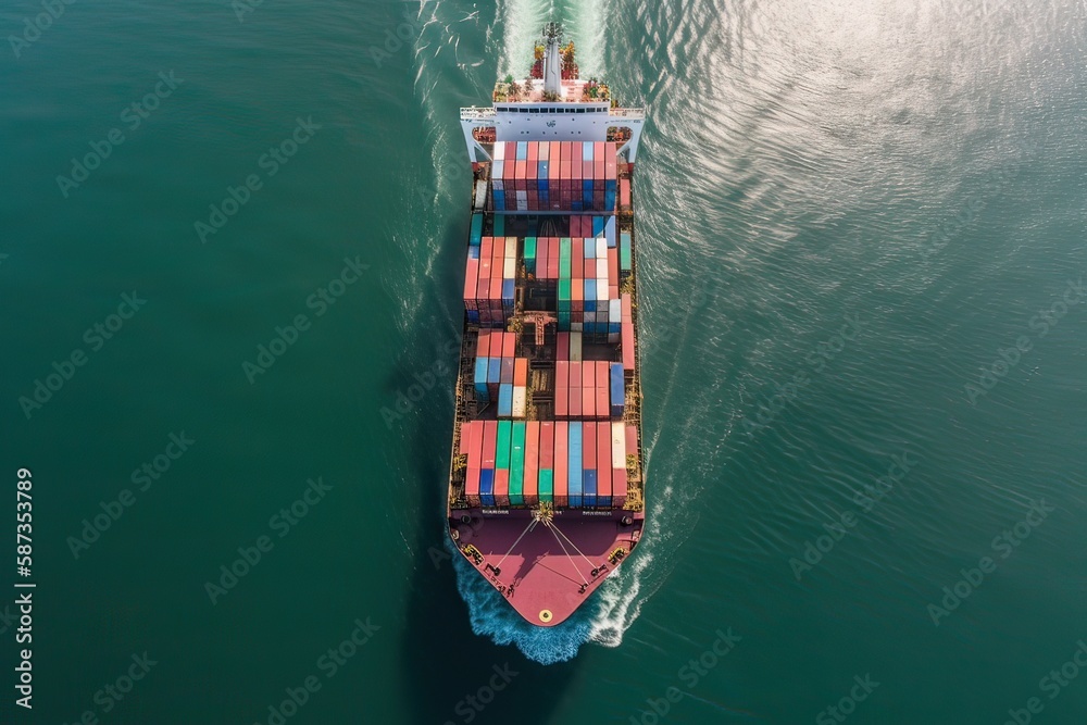 Fototapeta premium Container ships transporting large cargo to import and export goods internationally around the world, including Asia Pacific and Europe, sea Mediterranean Aerial view with drone camera. Generative Ai